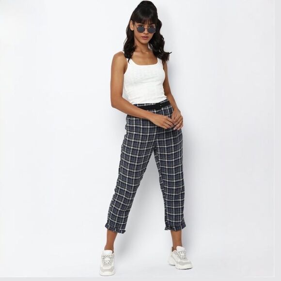 American Eagle Women Blue High-Waisted Plaid Taper Pants Size Small - Picture 1 of 11